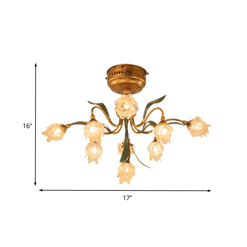 9-head dicht bij plafondlamp romantische pastoraal woonkamer led semi-spoelbevestiging verlichting met bloem mat glas in messing