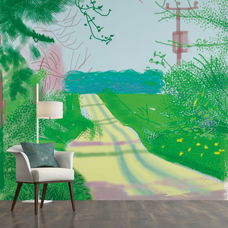 Modern Art Spring Path Mural in Yellow-Green Washable Wall Decor for Home Gallery