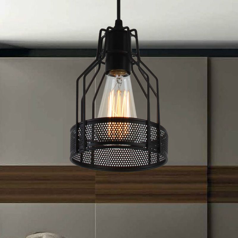 Caged Restaurant Pendant Lighting Antique Industrial Metal 1 Bulb Black Hanging Fixture with Mesh Screen