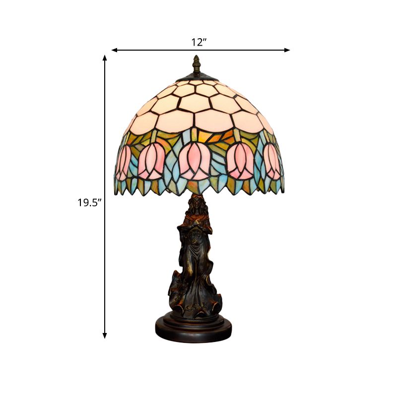 1 Table ombre en nid d'abeille Light Tiffany Tiffany Bronze Tachage de cheminée en vitrail avec bord rose et base ange