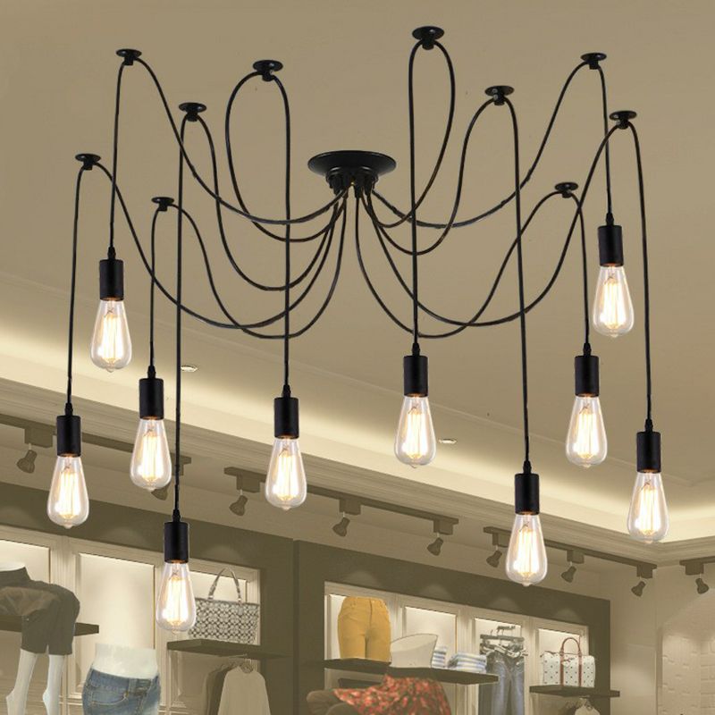 Schwarz nackte Glühbirne Anhänger Leicht Industrial Metall 10 Köpfe Garagen -Beute Hängende Lampe