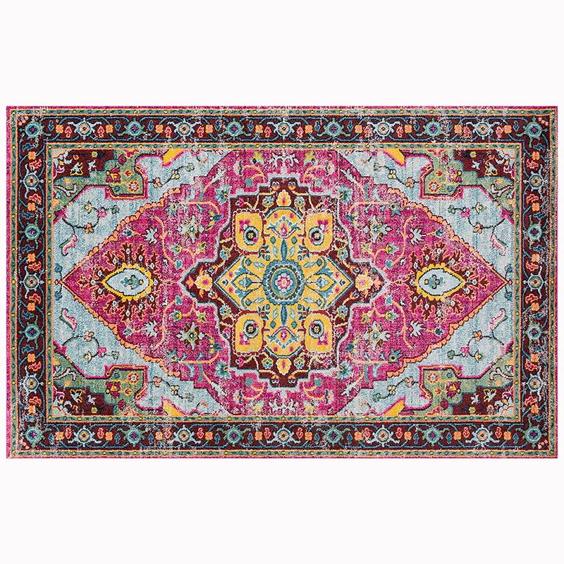 Red Tone Retro Area Carpet Polyester Tribal Print Indoor Rug Non-Slip Backing Carpet for Living Room