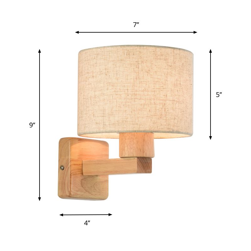 Drum Bedroom Wall Lamp Fixture Fabric 1-Light Asian Style Wall Mount Lighting with Wood Arm