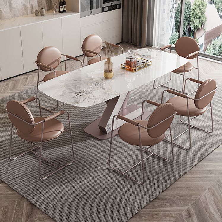 Juego de comedor Mesa de piedra sinterizada moderna con rectángulo de base de pedestal juego de comidas para restaurante