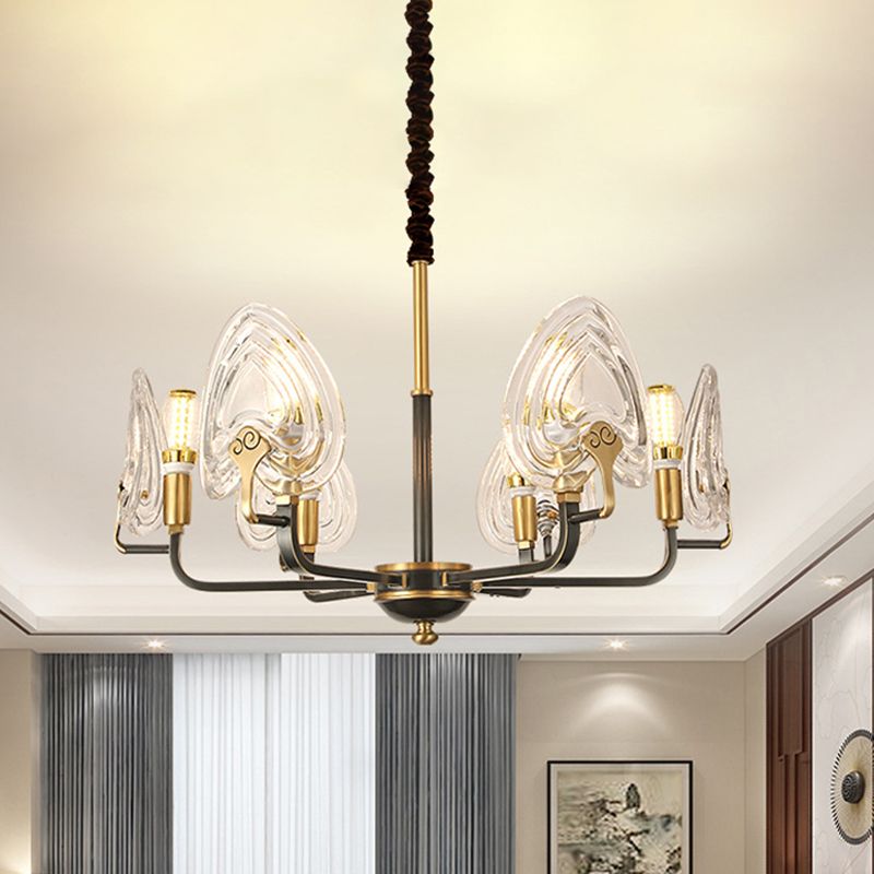 Heart-Shaped Bedroom Pendant Chandelier Colonial Clear Prismatic Glass 6/8 Bulbs Black and Gold Ceiling Light