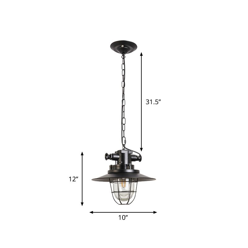 1-Head Wire Cage Pendant Light Industrial Black Metal Suspension Lamp with Clear Glass Shade