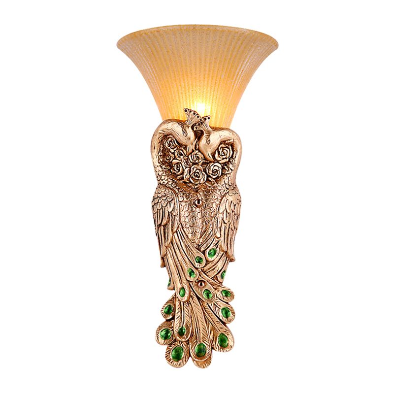Single Head Wall Sconce Countryside Inverted Cone Amber Fluted Glass Wall Mounted Lamp with Peacock Decor in Gold