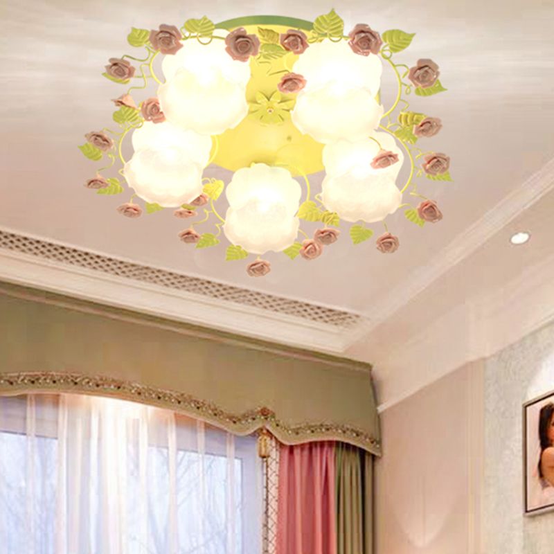 Floral White Glass Ceiling Mounted Fixture Traditional 3/5 Bulbs Living Room Flush Mount Lamp in Pink/Green