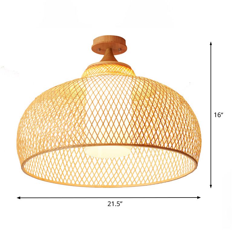 Domed Semi Flush Light Asian Bamboo 1 Bulb Wood Ceiling Mounted Fixture with Cylinder White Shade