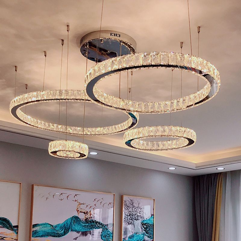 Roestvrijstalen ring LED Multi-plafondlicht Moderne kristallen ophanging verlichting voor woonkamer