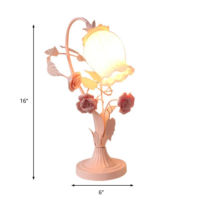 Scalloped Opal Glass Table Light Romantic Pastoral 1 Head Bedroom Night Lamp with Rose in Pink/Blue/White