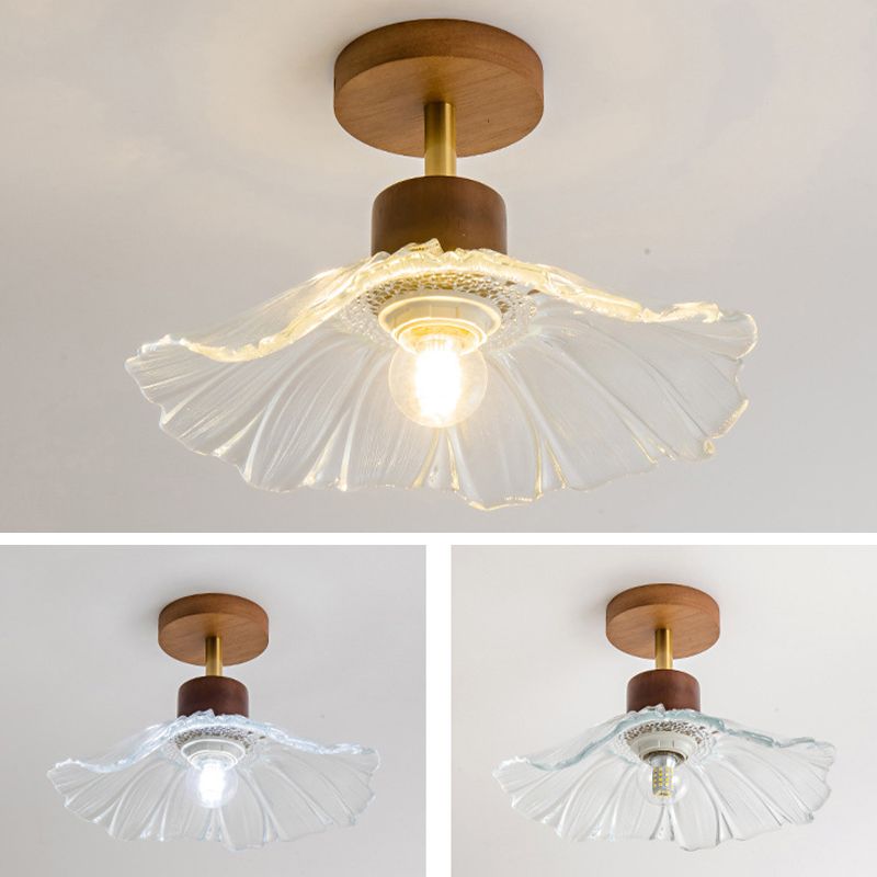 Modern Ceiling Lamp Wooden Flush Mount Light Fixture with Glass Shade for Bedroom