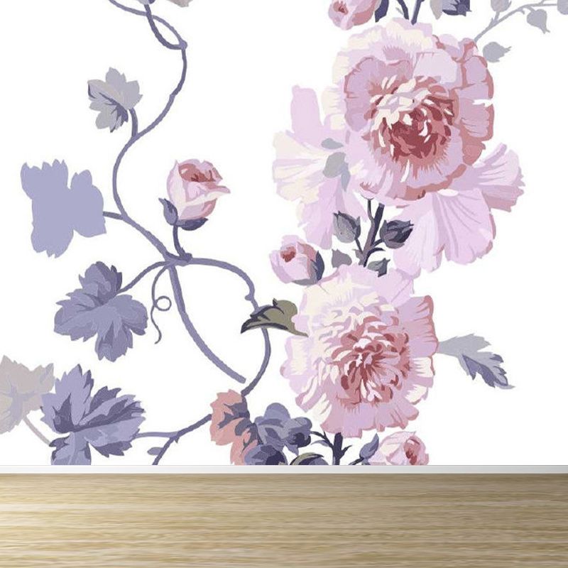 Modern Flowers Wall Mural Non-Woven Stain Resistant Pink Wall Art for Living Room