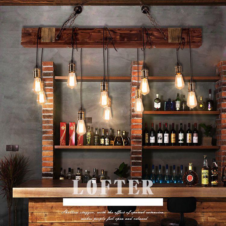 Linear Island Lighting Wood Retro Industrial Style Pendant Lighting Fixtures for Restaurant