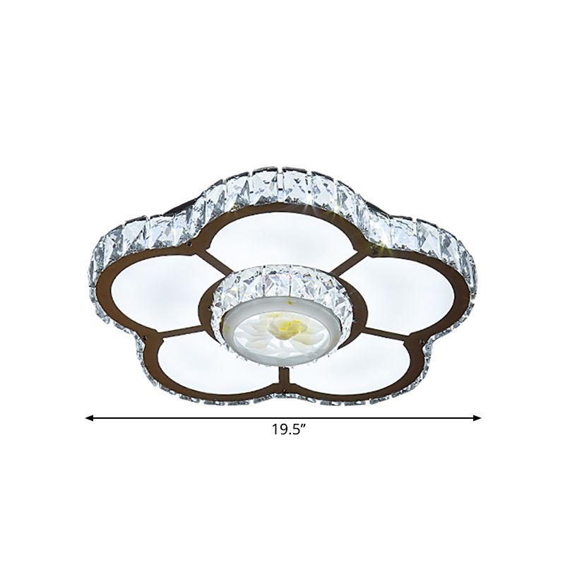 Simple LED Semi Flush Mount Light Chrome Flower Ceiling Lamp with Beveled Crystal Shade