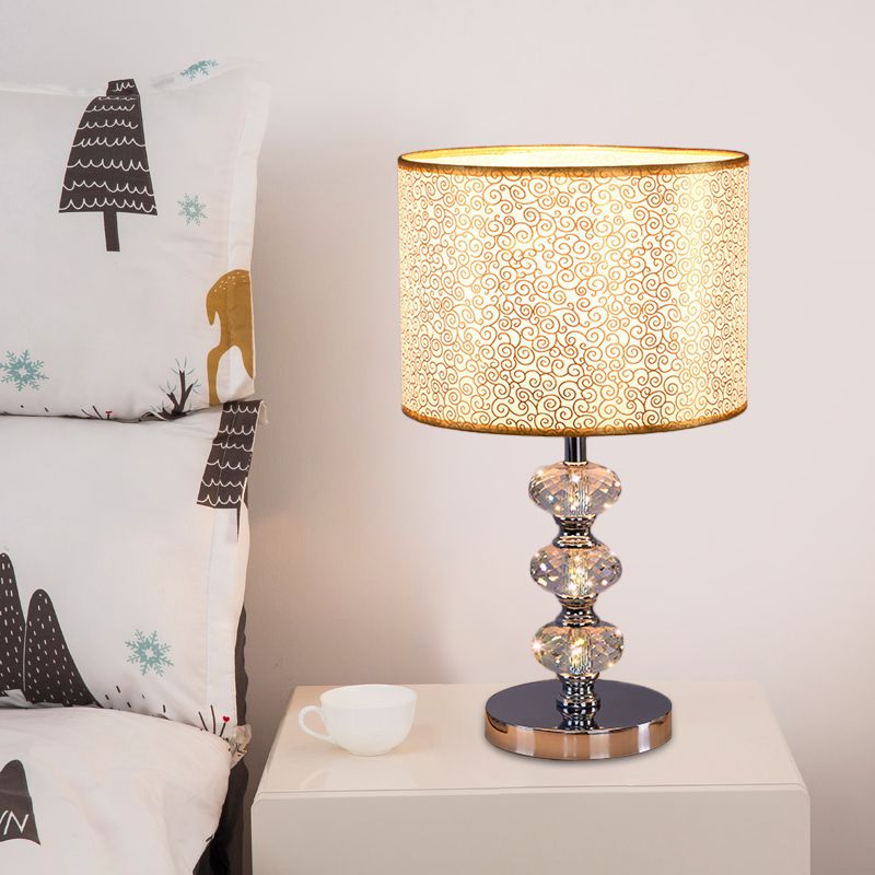 Traditional Barrel Nightstand Lighting 1-Light Fabric Reading Lamp in Black/Silver/Gold with Crystal Column