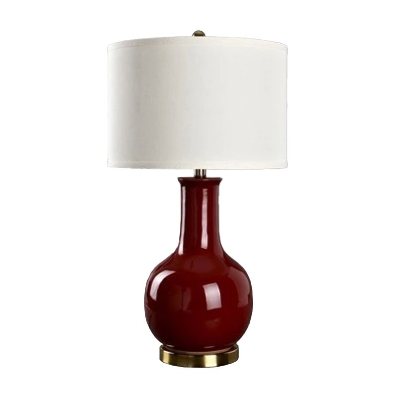 Drum Night Stand Light Modern Fabric 1 Head Living Room Table Lamp with Vase Ceramic Base in White/Red/Blue