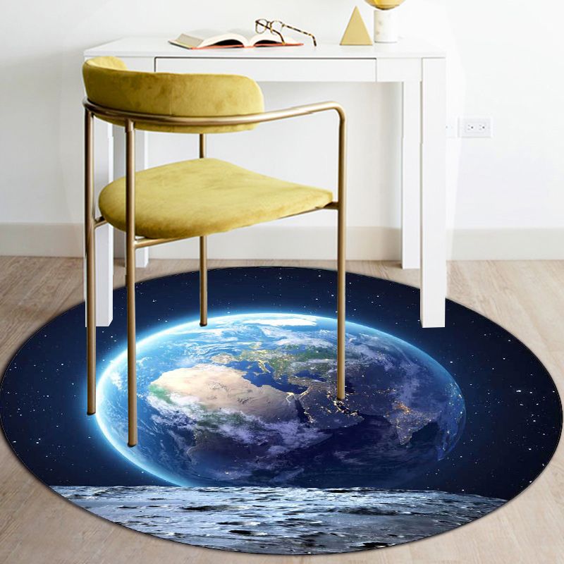 Scandinavian Modern Rug in Blue Outer Space Earth Pattern Rug Polyester Stain-Resistant Carpet for Home Decoration