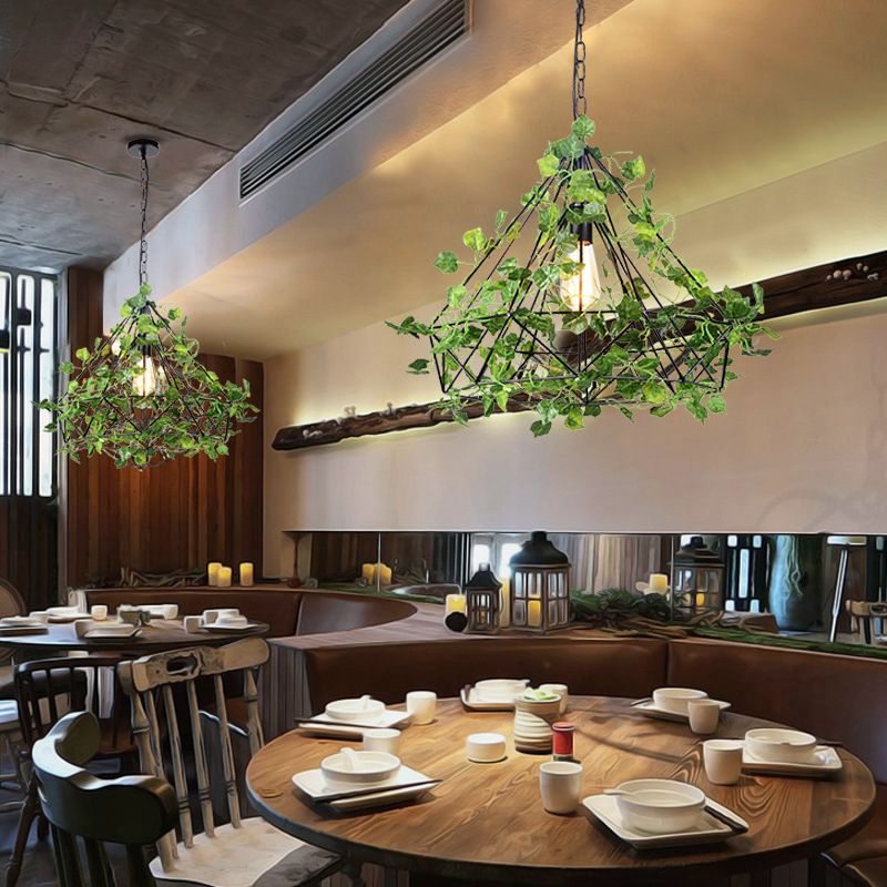 4w/6w LED Pendant Lighting Industrial Restaurant Plant Drop Lamp with Diamond Iron Cage in Black, 15"/18"/19.5" W