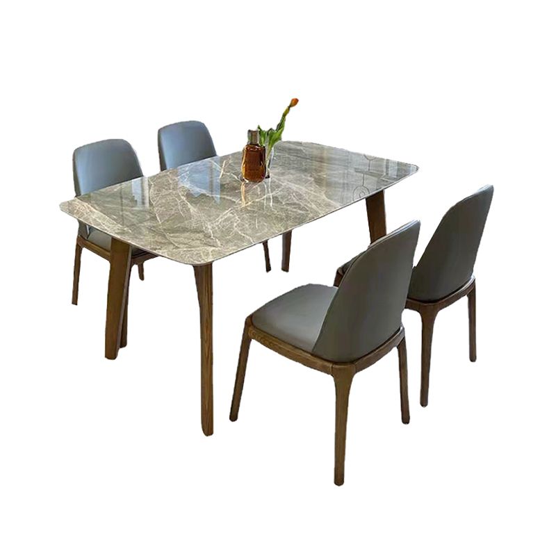 Gray Mid-Century Dining Table Stone Top Table with Wooden Base