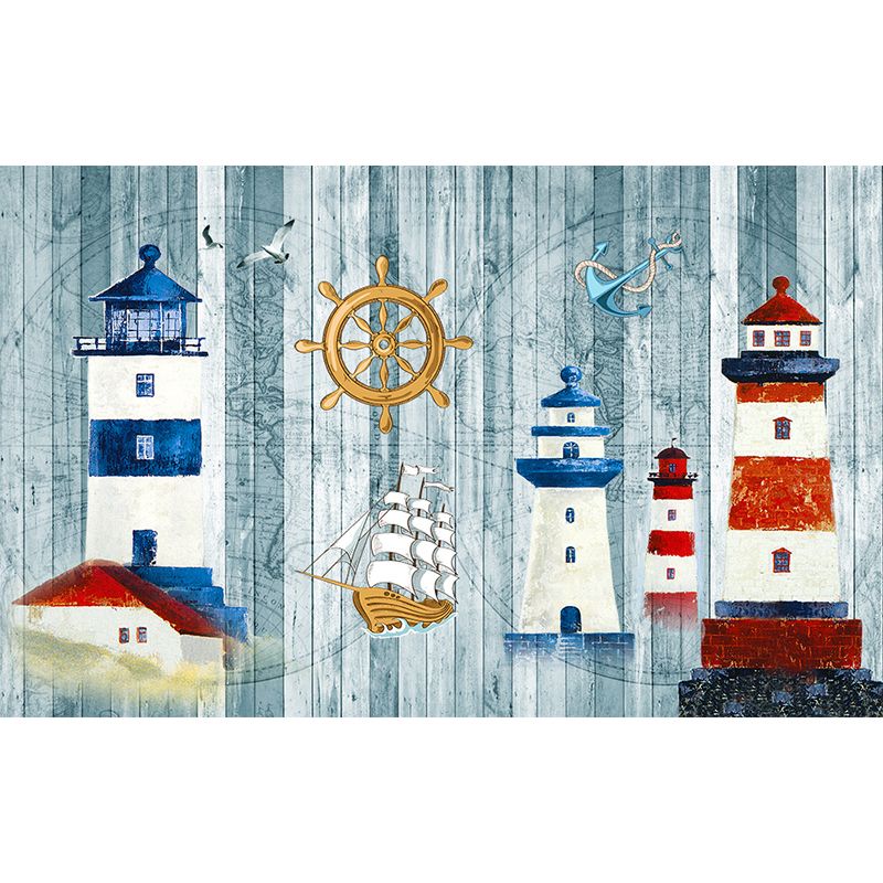 Nautical Lighthouse Mural Wallpaper Cartoon Non-Woven Cloth Wall Decor for Living Room