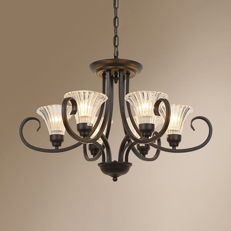 Klares geripptes Glas ausgestattet Kronleuchter Retro -Salondecke -Anhänger Licht mit Wirbelarm in Schwarz