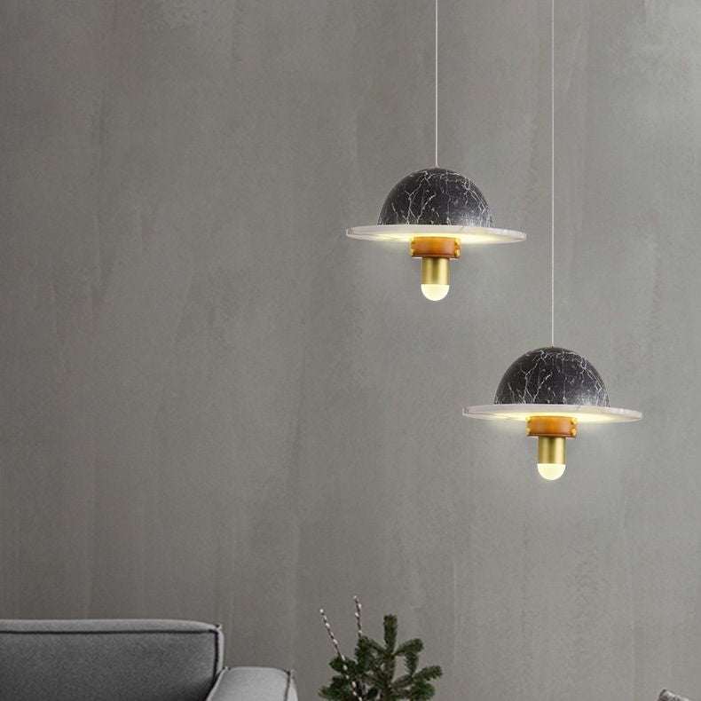 Novelty Postmodern UFO Shaped Pendant Light Marble Bedside LED Hanging Lamp in Gold