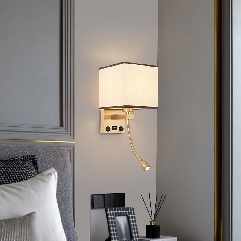 Modern Metal Adjustable Wall Sconce Square Shape Wall Light with Fabric Shade for Study