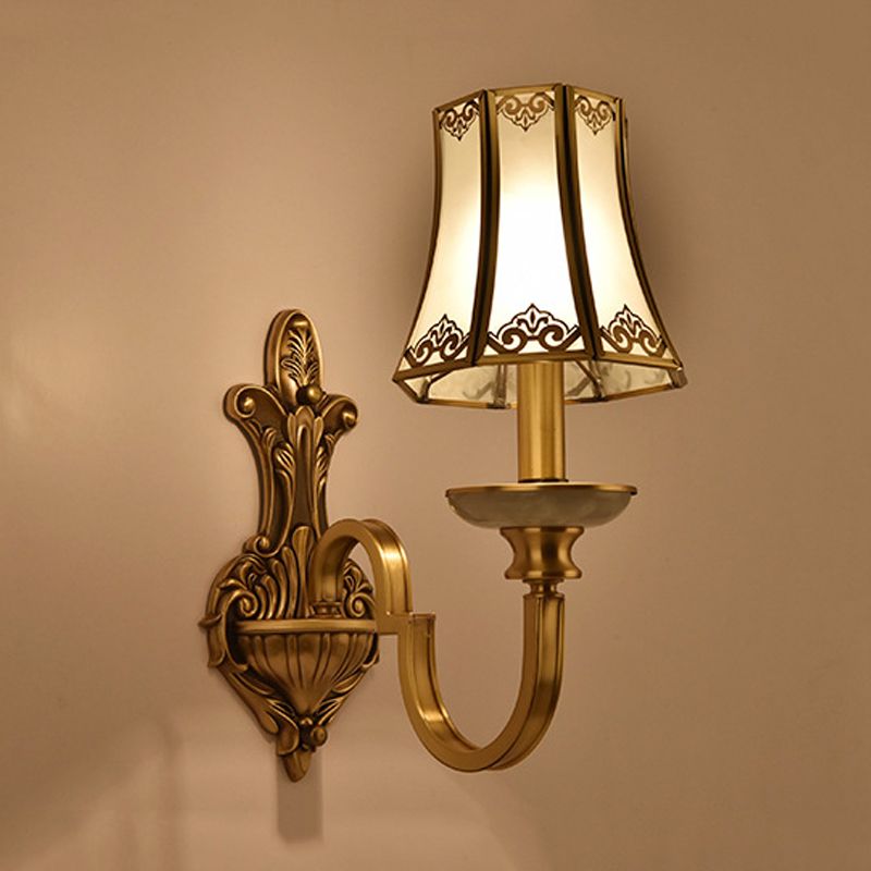 1/2 Heads Wall Lighting Fixture Colonial Style Flared Translucent Glass Wall Mounted Lamp in Brass