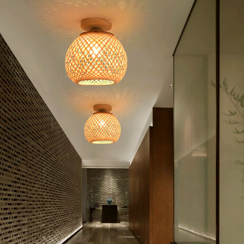 Asia Sphere Ceiling Flush Mount Bamboo Ceiling Mounted Fixture in Beige