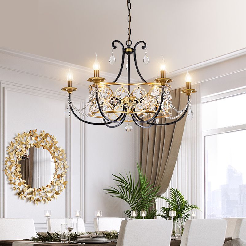 Metal Curved Arm Hanging Chandelier Country 9 Lights Dining Room Pendant Light in Gold