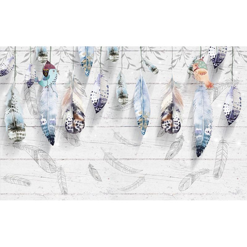 Modernist Feathers Mural Decal Grey Barn Wood Wall Covering for Living Room, Water-Proof