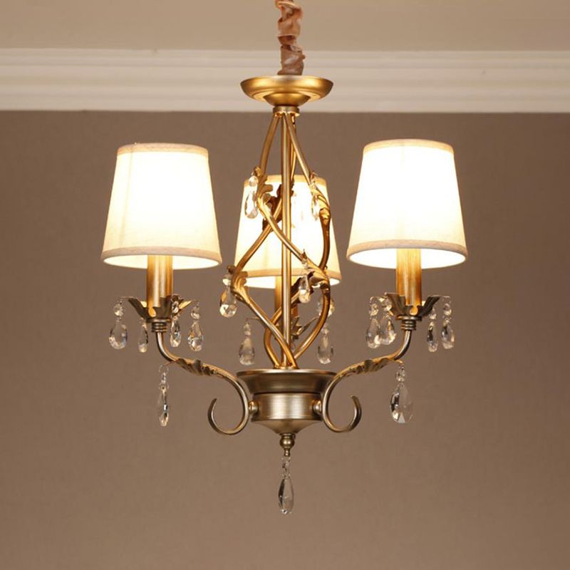 Cone Fabric Chandelier Light Classic 3 Lights Living Room Pendant Lighting in White with Crystal