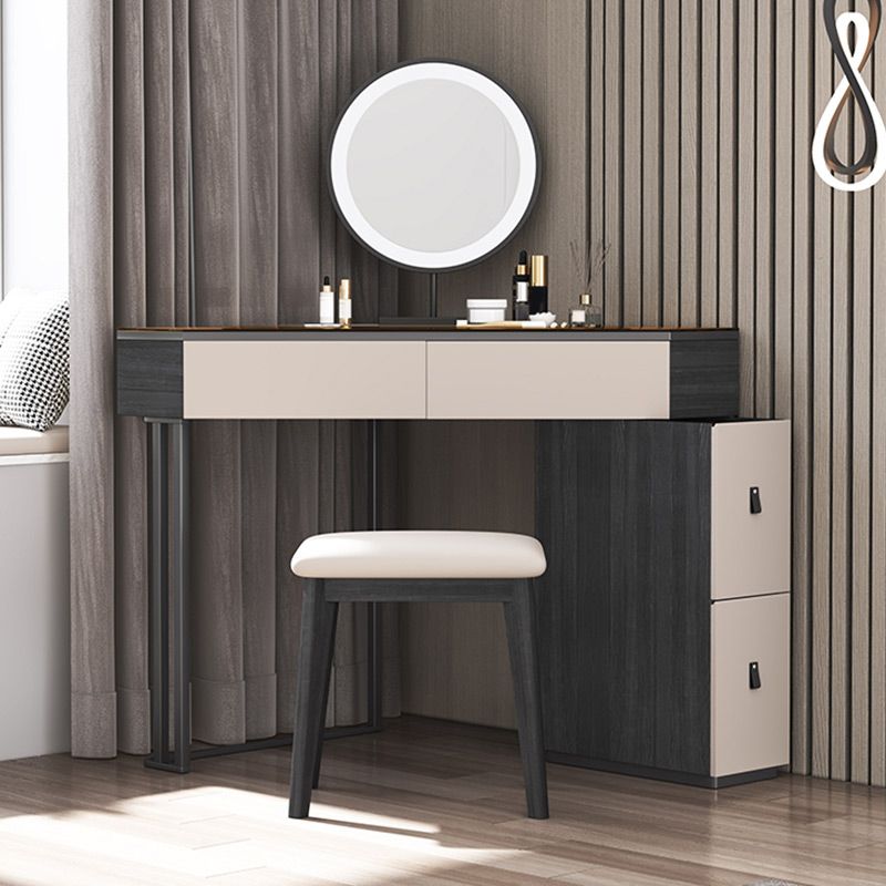 Modern Corner Vanity Table Stool and Mirror Set Glass Top 4-Drawer Dresser