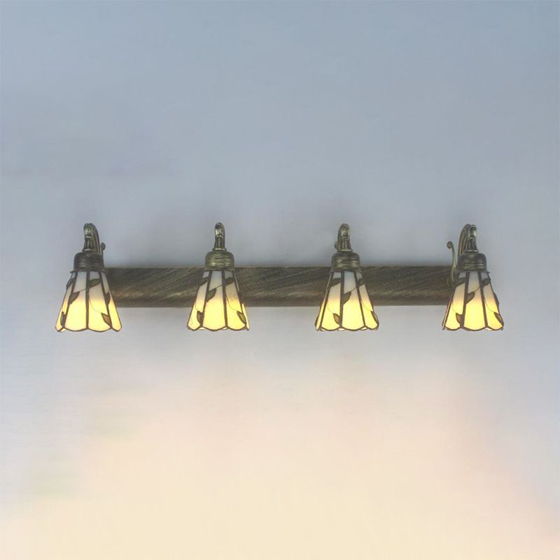Rustic Bathroom Lighting with Leaf Pattern Stained Glass 4 Lights Wall Sconce Lamp in Copper/Antique Brass/Beige