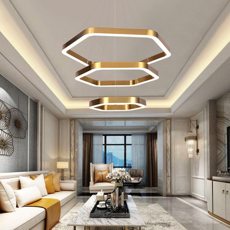 Modern Hexagon Chandelier Light Fixtures 3-Tier Hanging Pendant Lamps with White Acrylic Shade