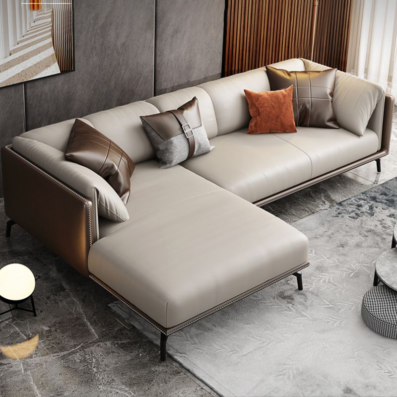 Genuine Leather Tuxedo Arm Sofa Contemporary Brown Sofa with Cushions