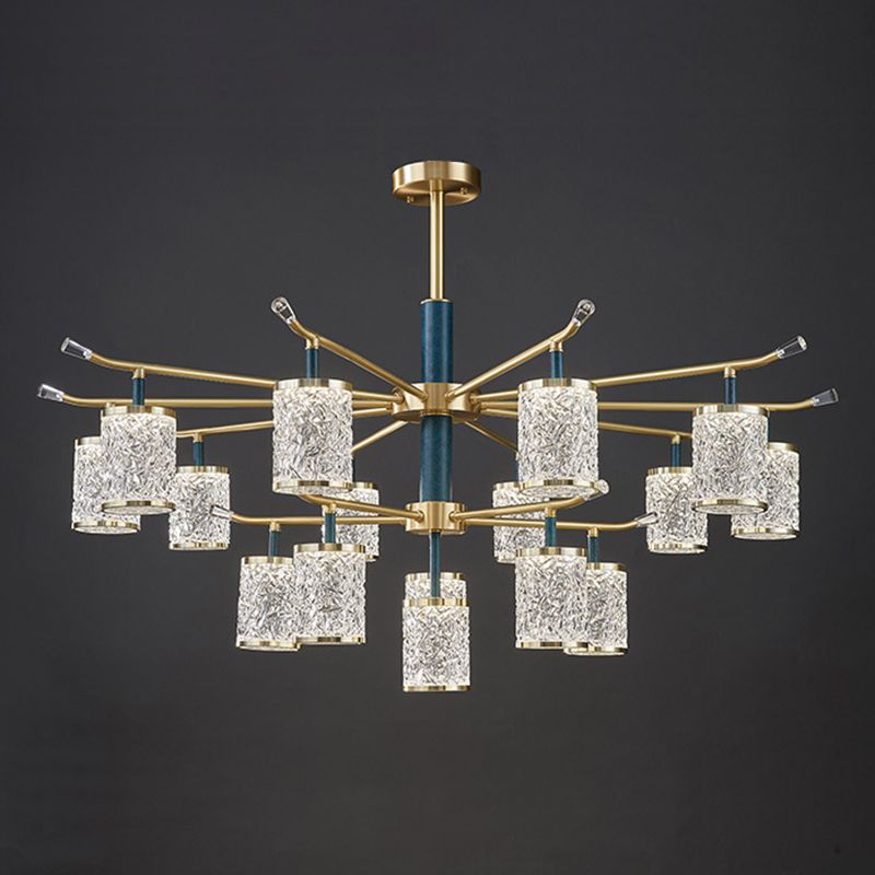 Diner Chandelier Modern Brass Pendant Light with Cylindrical Rippled Glass Shade