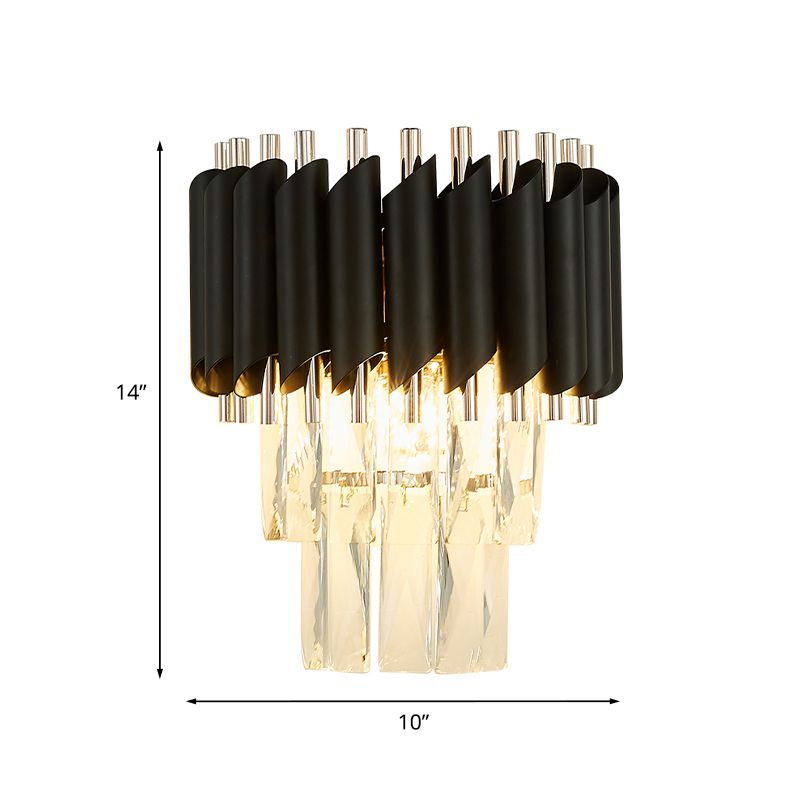 Contemporary Layered Wall Lighting 2-Light Clear K9 Crystal Wall Sconce Light Fixture in Black
