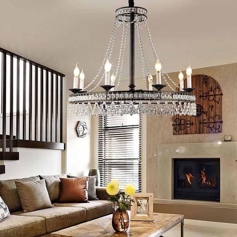 Black Round Chandelier Lamp Nordic Crystal 4/6/8 Heads Pendant Lighting Fixture for Living Room