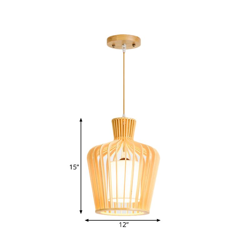 1-Light Dining Room Pendulum Light Japanese Beige Ceiling Pendant with Jug Wood Cage