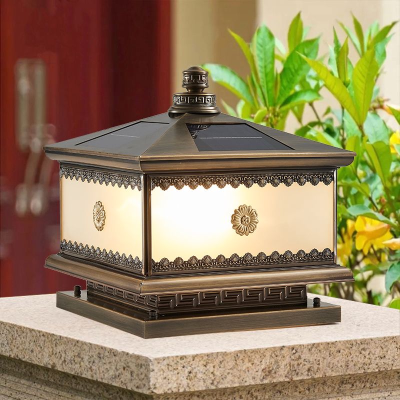 Rectangle Shape Metal Solar Pillar Lamp Modern 1-Light Outdoor Waterproof Light in Bronze