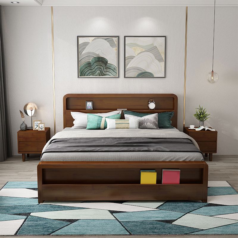 Storage Solid Wood Panel Bed Rubberwood Standard Bed with Headboard
