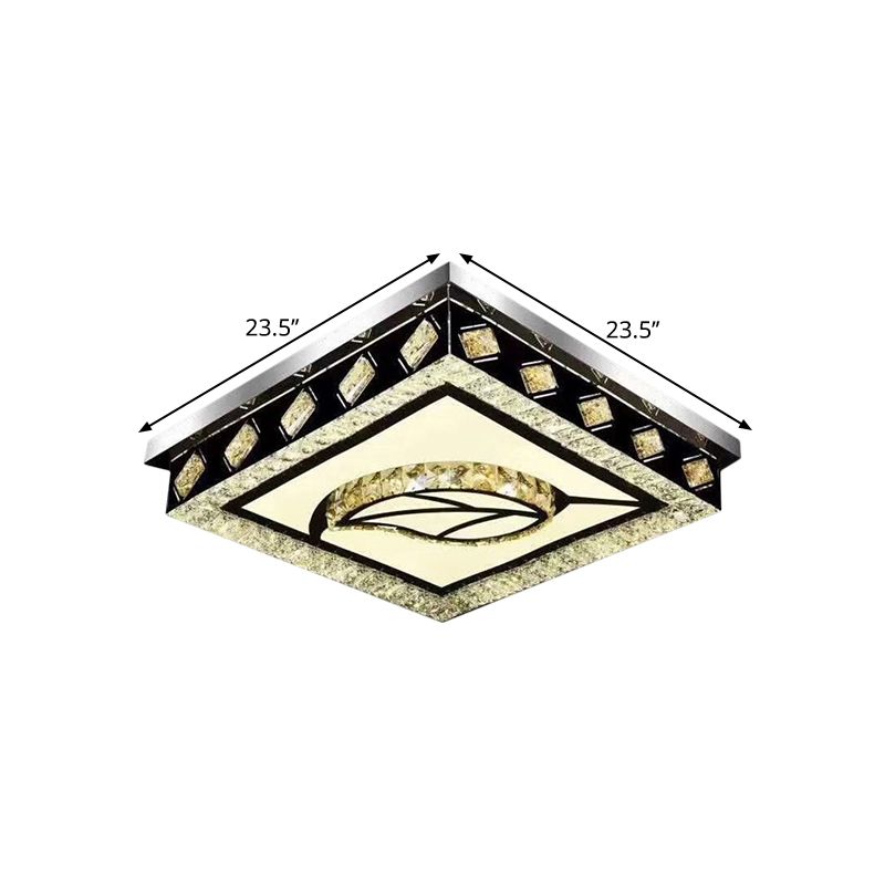Square Flush Light Fixture Modern Clear Crystal Living Room LED Ceiling Lamp in Nickel with Leaf/Cubic Pattern