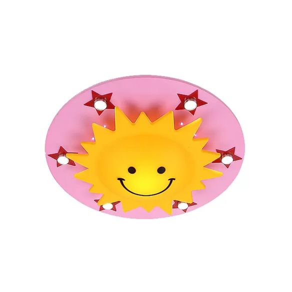 Cartoon Smiling Sun Flush Ceiling Light Wood Ceiling Mount Light in Yellow for Game Room