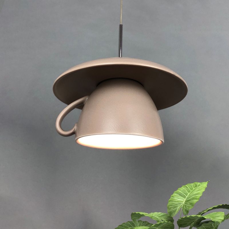 1-Light Restaurant Hanging Lighting Macaron Pink/Grey/Green LED Drop Pendant Lamp with Coffee Cup Ceramics Shade