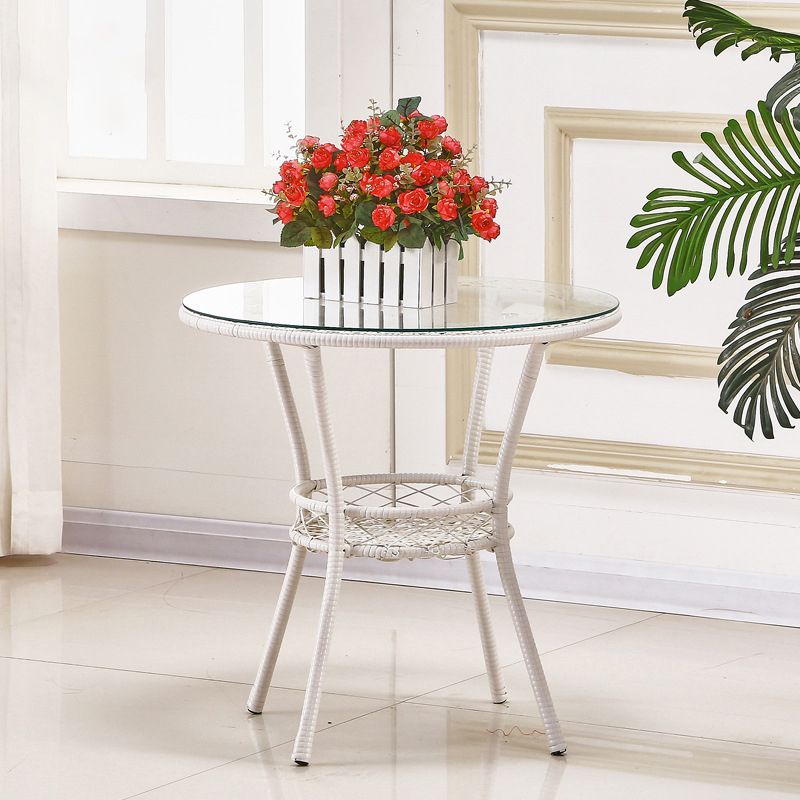 Tropical Glass Top 4 Legs Cocktail Table with Shelf Round Coffee Table