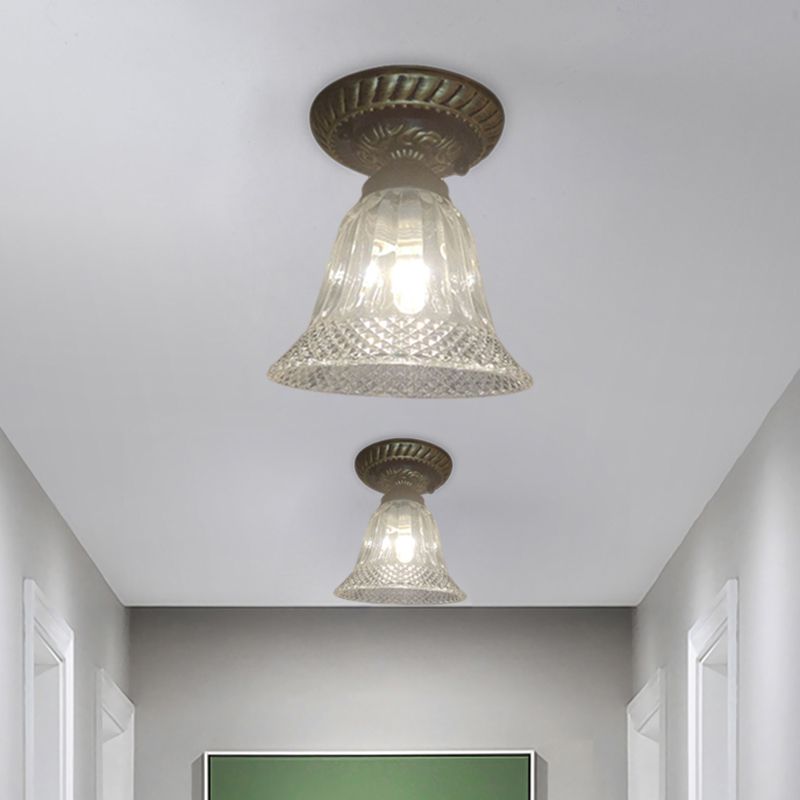 1-Bulb Bell Shape Ceiling Lighting Farmhouse Black Clear Prismatic Glass Flush Mount Fixture