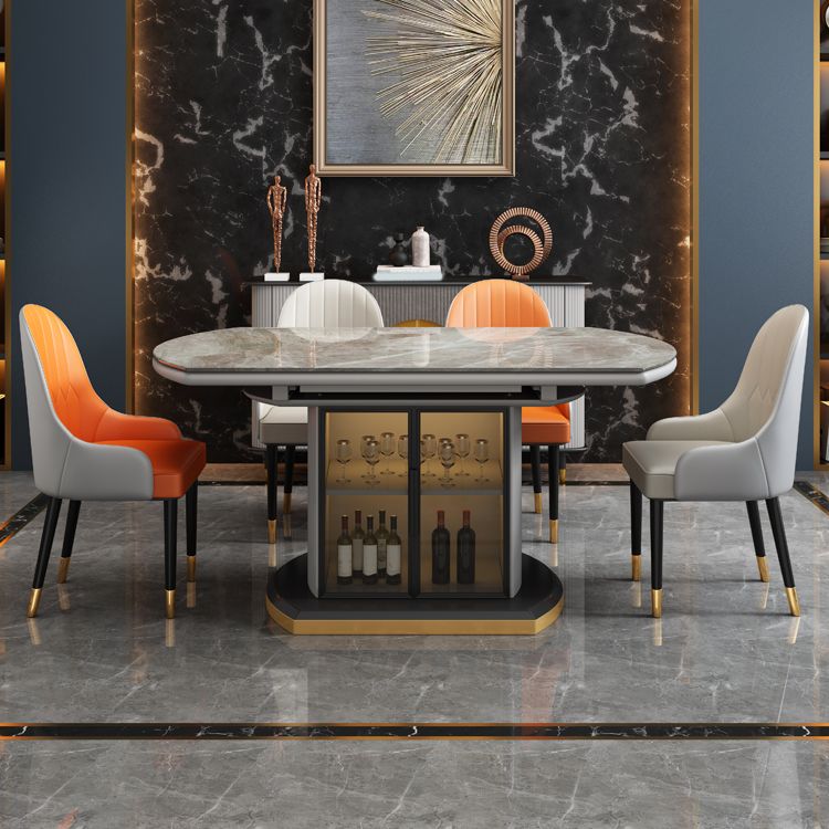 Grey Round Stone Tabletop Extendable Dining Table with Storage