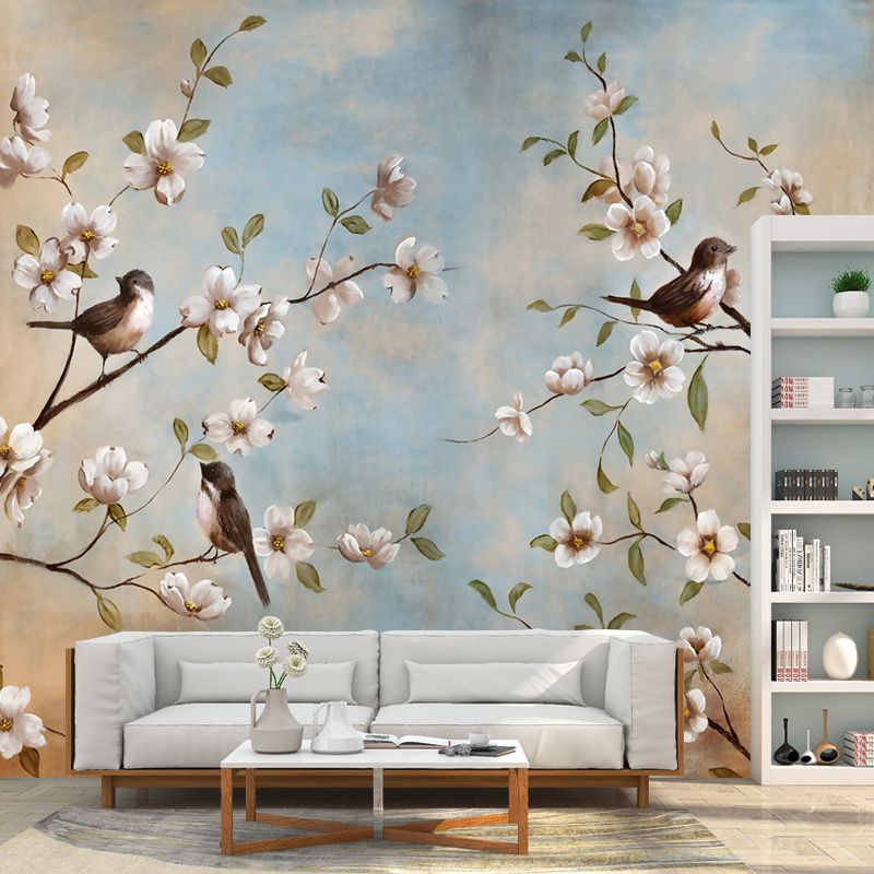 Whole Birds Murals for Wall Contemporary Large Branch with Flowers Wall Art in Blue-Brown